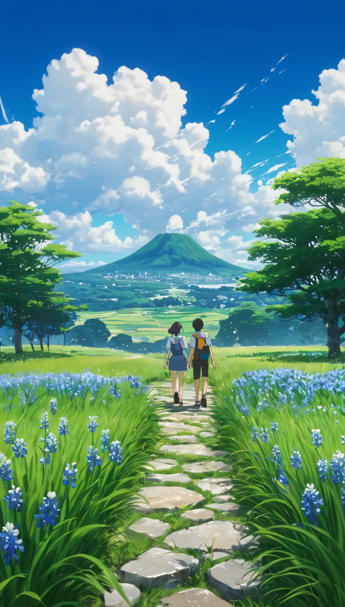Two young couples walking through Camco with hyacinth and daisy flowers blooming, See the vast blue sky with fluffy clouds and brushstrokes , Tall Grass Stone, , Makoto Shinkai Cyril Rolland, アニメart壁紙 4k, アニメart壁紙 4k, animated background, アニメart壁紙 8K, animated background art, anime landscape wallpapers, Awesome Wallpapers, High-resolution wallpapers, 4k anime wallpaper, 4k anime wallpaper, 牡羊座モロスart,art：Bob Bialy , アシュリーウッドartAI, Greg Rutkowski