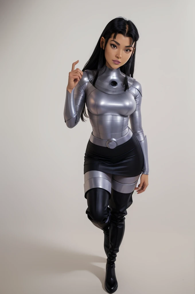 (masterpiece, best quality:1.2), blackfire, 1girl, solo, breasts, pants, bodysuit, skirt, armor, thigh boots, long sleeves, dark skin, white background, simple background,