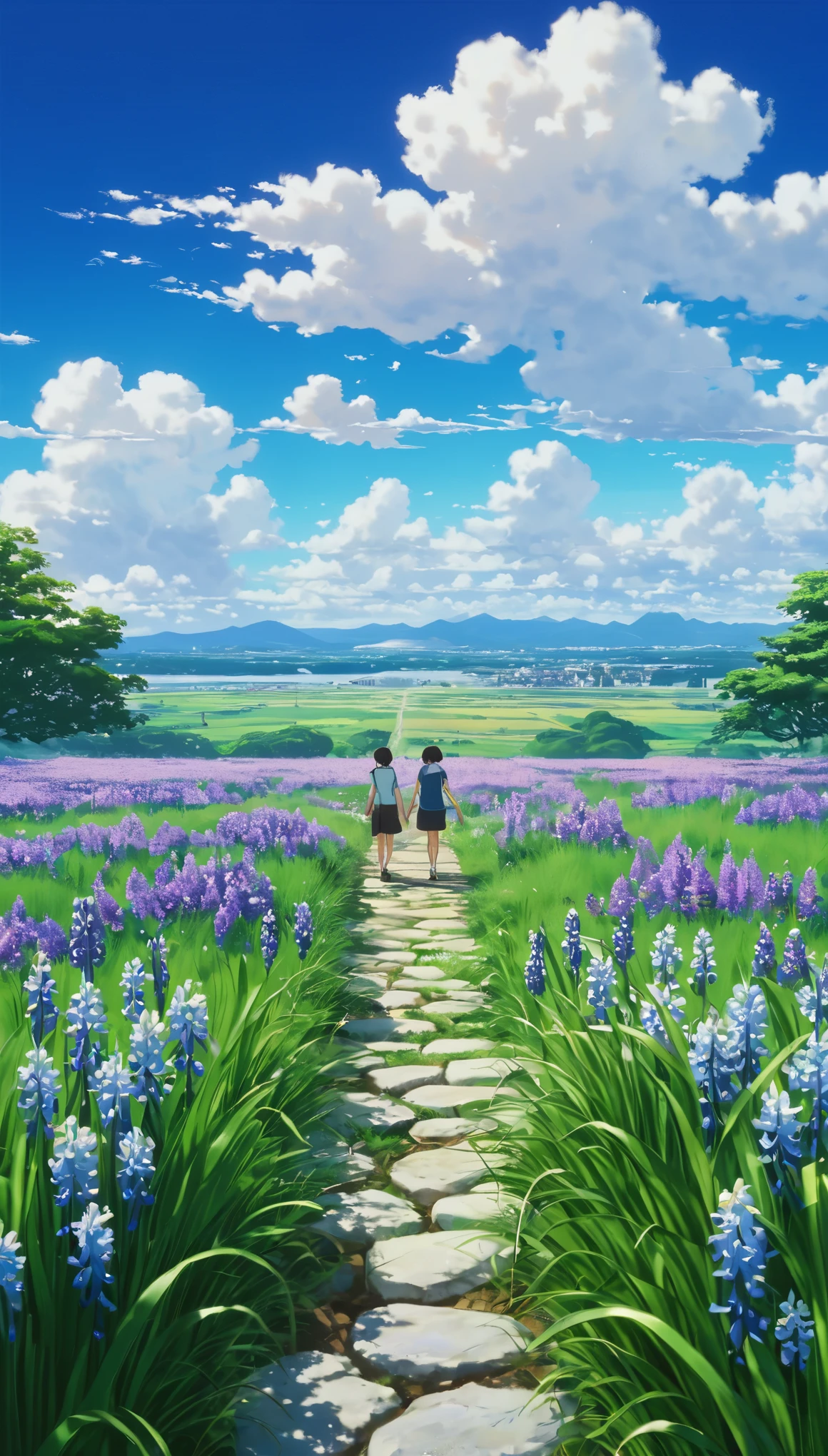Two young couples walking through Camco with hyacinth and daisy flowers blooming, See the vast blue sky with fluffy clouds and brushstrokes , Tall Grass Stone, , Makoto Shinkai Cyril Rolland, アニメart壁紙 4k, アニメart壁紙 4k, animated background, アニメart壁紙 8K, animated background art, anime landscape wallpapers, Awesome Wallpapers, High-resolution wallpapers, 4k anime wallpaper, 4k anime wallpaper, 牡羊座モロスart,art:Bob Bialy , アシュリーウッドartAI, Greg Rutkowski