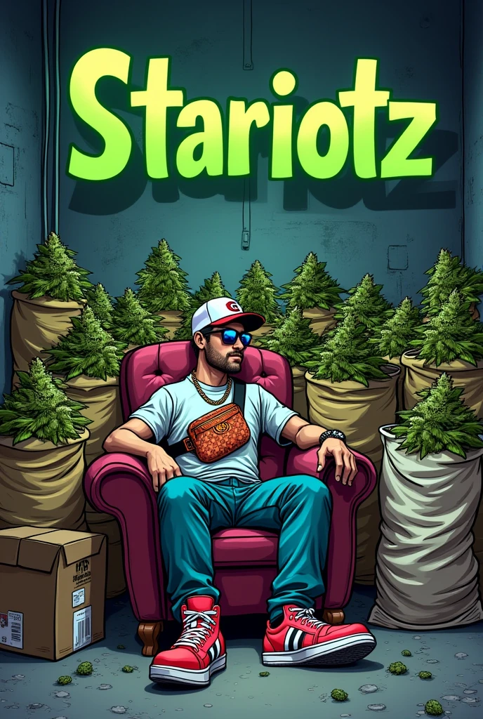 An animated cartoon image of a person with a Gucci fanny pack sitting on a chair in a basement room. Next to the person are 40 kilograms of cannabis buds in bags and boxes. On the image, it should say "Stariotz" in large letters.