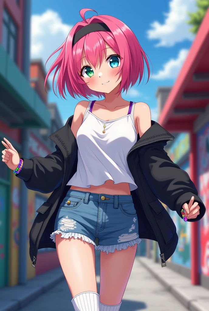 ((Artwork, 8K, 2008s style anime, very detailed)), 1 girl, short pink hair with black stripes, heterochromia in the eyes, small nose, wears a black cap turned backwards, smiling from the corner of her eye, wearing a loose white shirt, denim shorts, wearing several bracelets, open black jacket, wearing long white socks, purple sneakers.