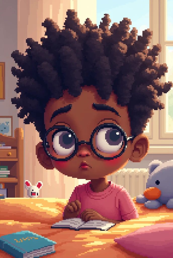 create a pixelated character with glasses, brown skinned, curly mullet hair, with a sleepy face