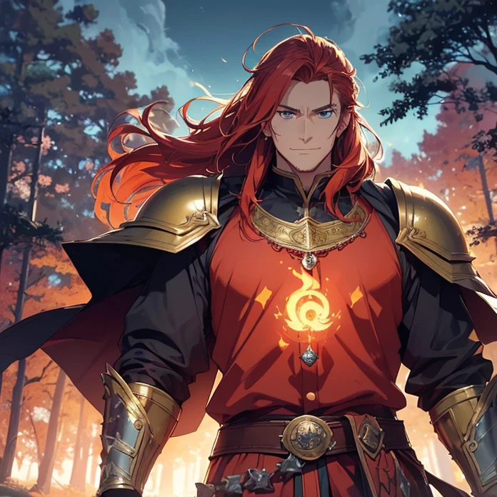 High Resolution, HD, High Quality, Super Detailed, High Details, Masterpiece, Anime, Anime Style, Character Design,
{{one character: elder male 700 years old red haired barbarian paladin king: (blue eyes, fair skin, wrinkles, big body, short spiky crimson hair, big crimson eyebrows, sharp nose, (closed smile, breave and confident expression,)),(orange scottish king shirt, orange scottish king pants, golden belt, golden wristbans, barbarian’s plartinum crown),(holding a long spear with his right arm, rising his left arm holding a green candle, exploring the forest at the twilight),(fairy forest, twilight sky, twilight background, purple trees, silver trees, blue-greeny forest road)}}