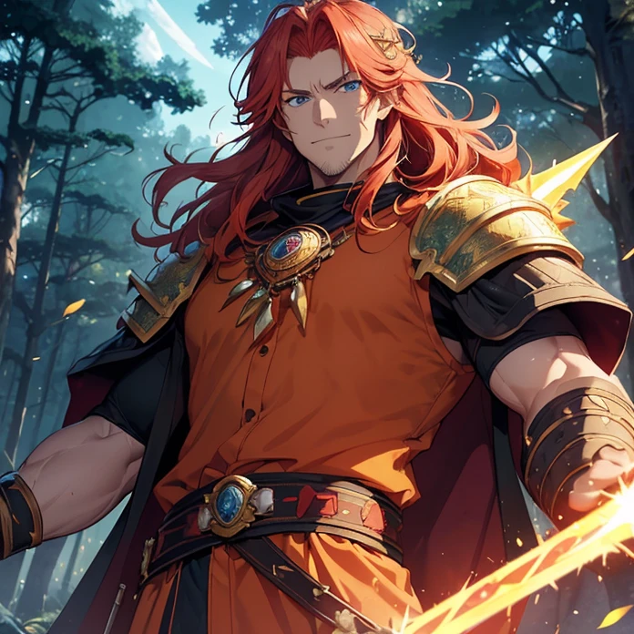 High Resolution, HD, High Quality, Super Detailed, High Details, Masterpiece, Anime, Anime Style, Character Design, 
{{one character: elder male 700 years old red haired barbarian paladin king: (blue eyes, fair skin, wrinkles, big body, short spiky crimson hair, big crimson eyebrows, sharp nose, (closed smile, breave and confident expression,)),(orange scottish king shirt, orange scottish king pants, golden belt, golden wristbans, barbarian’s plartinum crown),(holding a long spear with his right arm, rising his left arm holding a green candle, exploring the forest at the twilight),(fairy forest, twilight sky, twilight background, purple trees, silver trees, blue-greeny forest road)}}