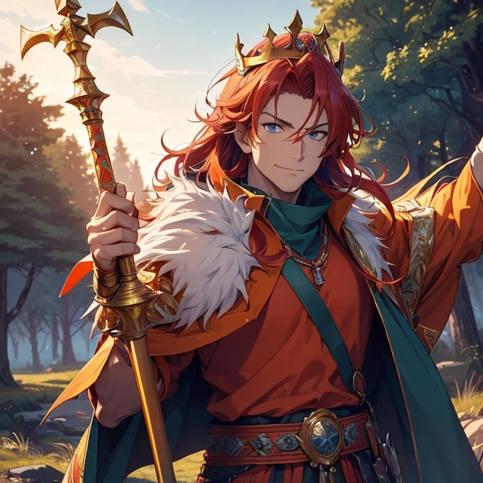 High Resolution, HD, High Quality, Super Detailed, High Details, Masterpiece, Anime, Anime Style, Character Design, 
{{one character: elder male 700 years old red haired barbarian paladin king: (blue eyes, fair skin, wrinkles, big body, short spiky crimson hair, big crimson eyebrows, sharp nose, (closed smile, breave and confident expression,)),(orange scottish king shirt, orange scottish king pants, golden belt, golden wristbans, barbarian’s plartinum crown),(holding a long spear with his right arm, rising his left arm holding a green candle, exploring the forest at the twilight),(fairy forest, twilight sky, twilight background, purple trees, silver trees, blue-greeny forest road)}}