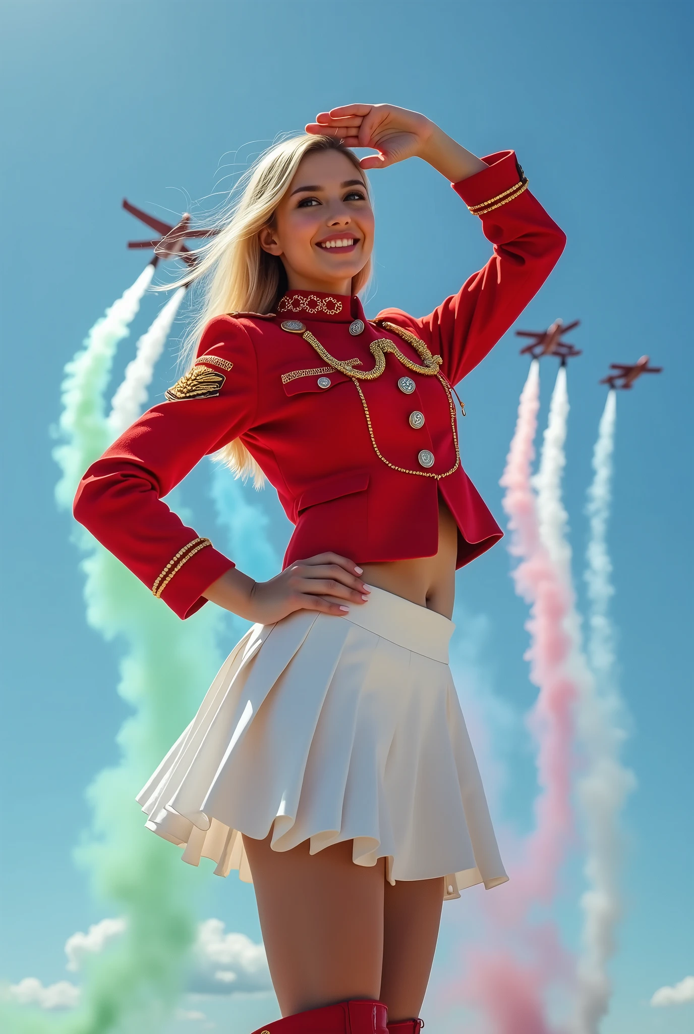 military cheerleader, doing military salute, short  white pleated skirt, boots with gold trim and chains, kepi, bright red jacket, with buttons and gold chains, blue sky, Air show with green white and red smoke, blonde girl