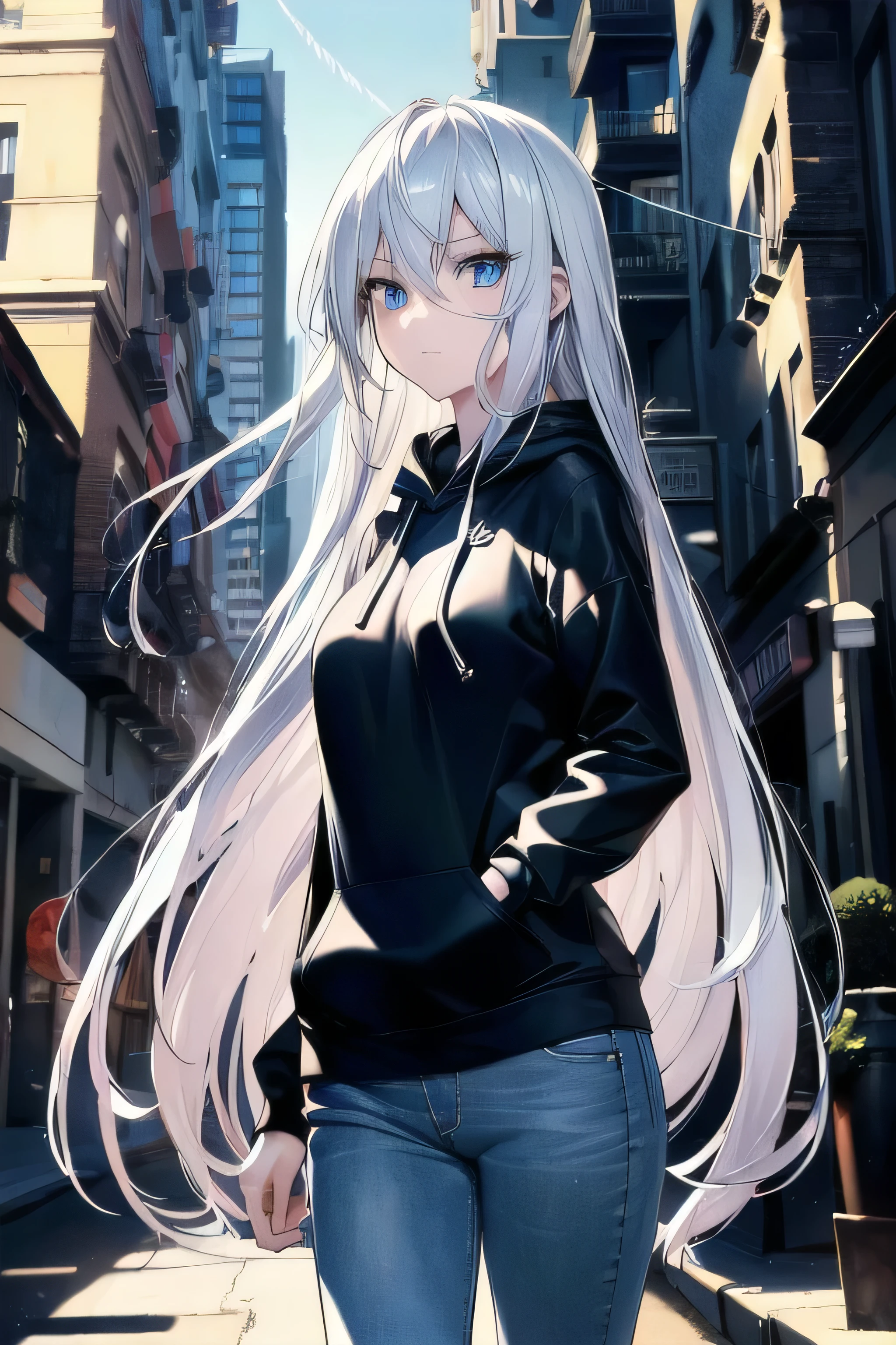 ((masterpiece)), ((best quality)), ((best illustration)), ((ultra-detailed)),((photorealistic color)), 1 lady, solo, teenager, absurdly long hair, white hair, straight hair, ((blue eyes)), ((ultra detailed eyes)), ((ultra detailed face)), gloomy, hoodie, jeans,thin body, thin arms, long arms, urban, buildings, alley, daylight, backlight, spear