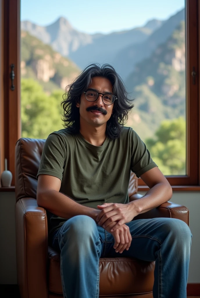 very realistic, 23 year old man, with mustache, Long, messy black hair with some gray, with round glasses, weight of 65 kilos, medium build, Latin American, Chilean, sitting in an armchair, Simple, average, with t-shirt, jeans, background in chile