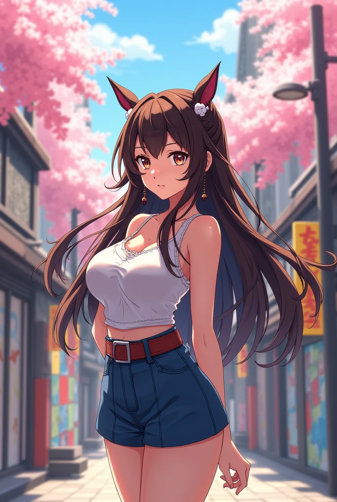 anime style drawing of a brunette girl with long hair tied up in the front, full body