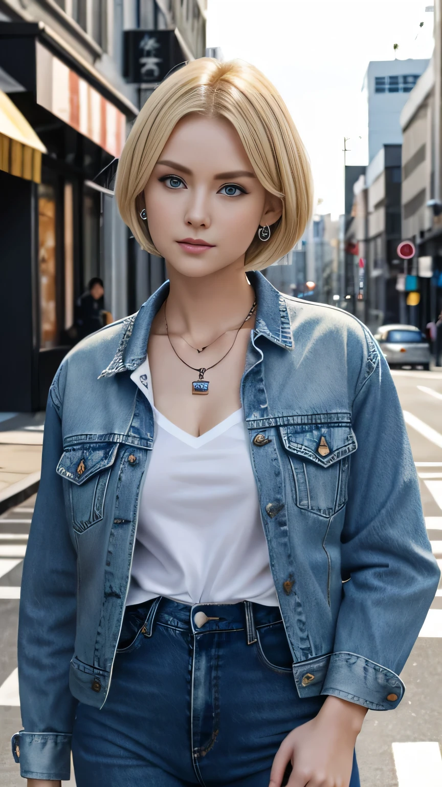 Super Resolution、White woman、short hair、Blonde Hair、blue eyes、ear piercing、necklace、Denim jacket、shirt、口を少し開ける、The background is a city street