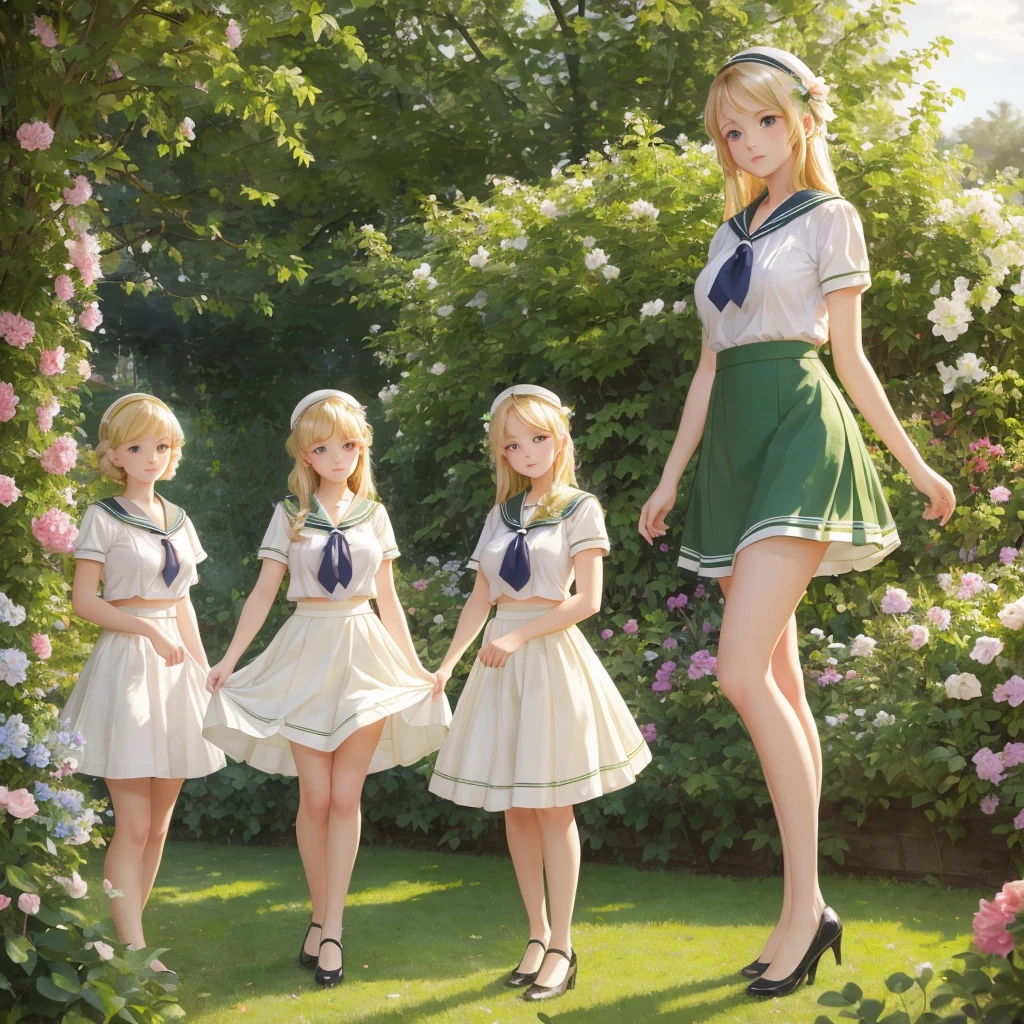 3 girls, long hair, Big breasts , Blushing, blond, Green-eyed sailor suit short skirt 1933 style cute and beautiful girl 18 years old in the garden beautiful long legs high resolution, best quality, masterpiece, Lift skirt mini skirt take off clothes