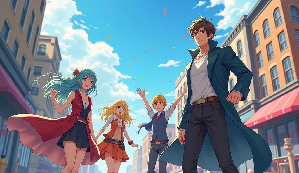 ( High quality 2D animation) Asahi、Departure Day、A group of brave men、A party of four: a handsome and refreshing hero, a female mage, a healer, and a tank.、Departure from the capital、Bright sunlight、excited、looks fun、Looking forward to the adventures ahead、fanfare、Anime style illustrations、Shinkai Seikaze illustration、Reincarnation in Another World