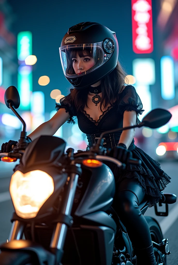 beautiful Japanese gothic lolita girl, Riding on a super cool sport motorcycle, at highway in metropolitan at night, high speed, dramatic scene, masterpiece, face focus, clear helmet visor, beautiful eyes, Honda bike, Shoei helmet, wearing gothic lolita outfits with frills, (shoot from side)