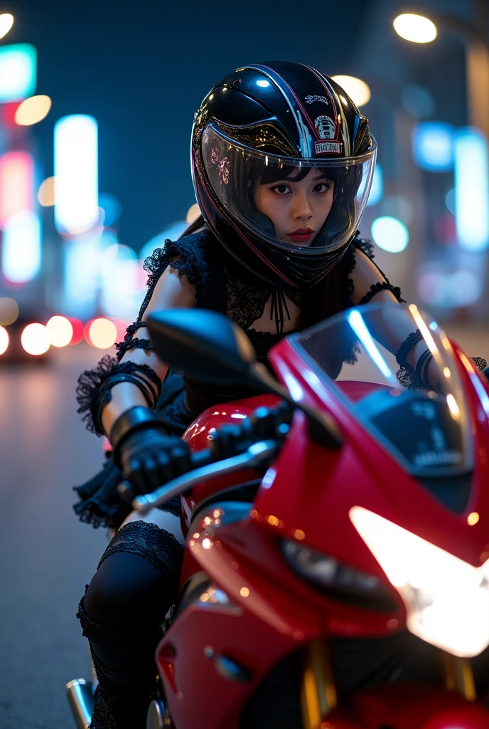 beautiful Japanese gothic ta girl, Riding on a super cool sport motorcycle, at highway in metropolitan at night, high speed, dramatic scene, masterpiece, face focus, clear helmet visor, beautiful eyes, Honda bike, Shoei helmet, wearing gothic loliutfits with frills, (shoot from side)