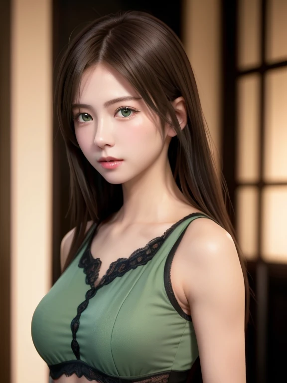 8K, top quality, Matthew piece: 1.2), (realistic, photoreal: 1.37), top quality, Matthew piece, beautiful young woman, pensive expression, attractive and attractive appearance, pale green lace underwear, blonde shortcut, movie background, bright skin tone