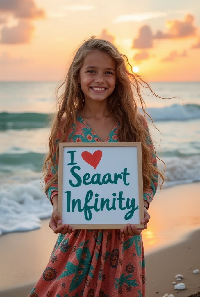 Beautiful girl with wavy long hair, bohemian dress, holding a white board with text "I Love Seaart Infinity" and showing it to the viewer