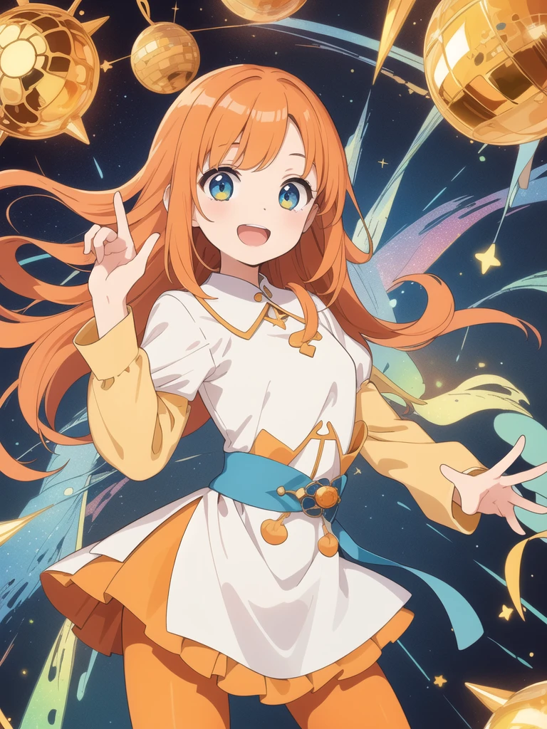 1girl,(((Highest quality、Masterpiece、Official Art、Dynamic composition、Super detailed、Perfect Anatomy)))、Milky and orange hair color、Orange and blue palette、happiness、Happiness、Creative new hairstyle、Unique clothing、Sparkling、mirrornun、
