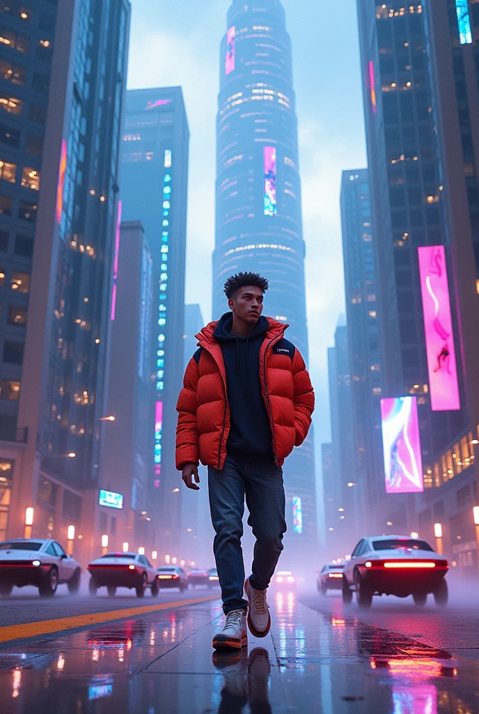 Xcry the streamer walks under some futuristic buildings