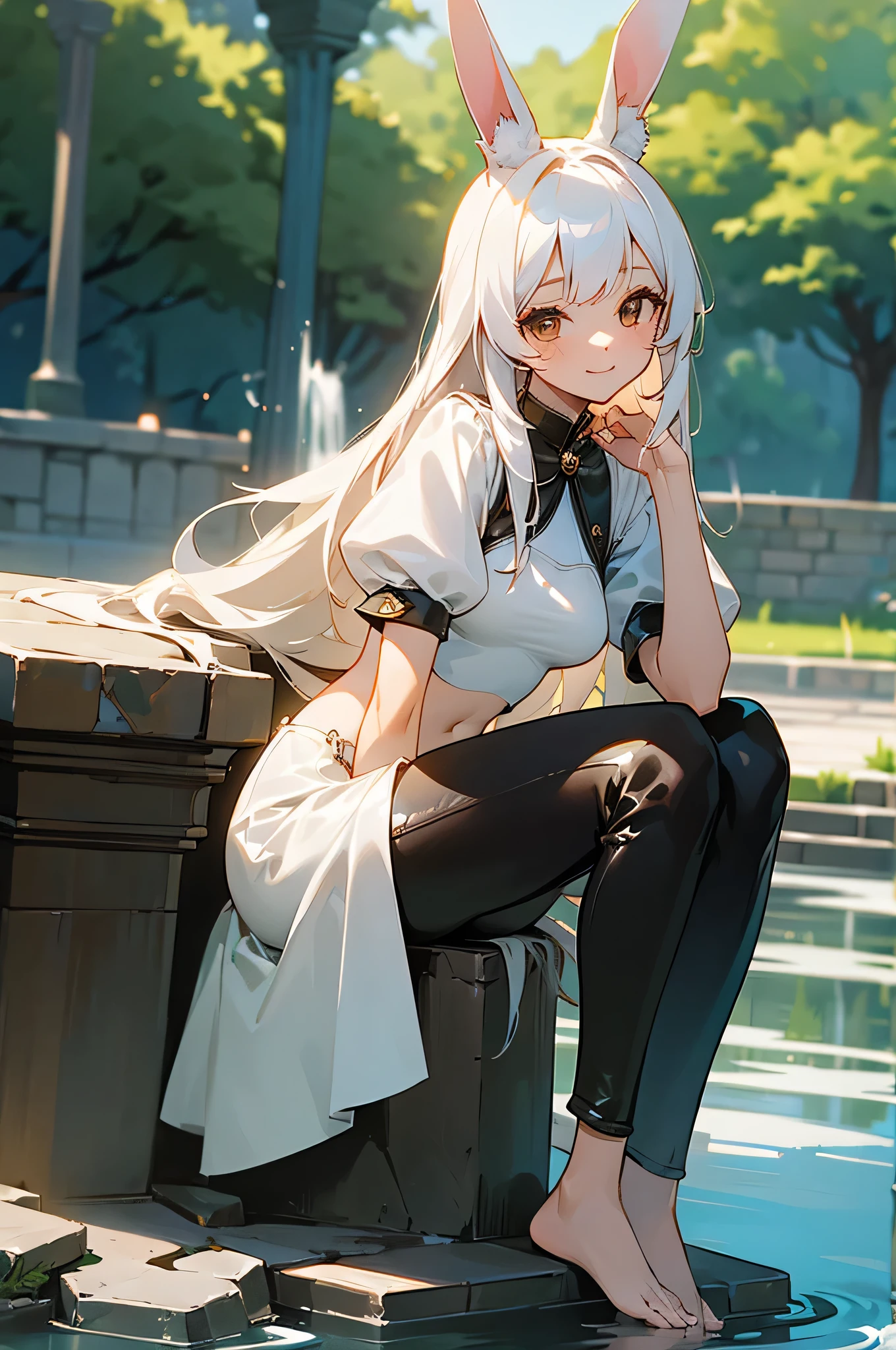 ((masterpiece,best quality)),1girl, solo, fit body, animal ears, rabbit, barefoot, sitting comfortably, leather pants, leather crop top, sitting, rabbit ears, short sleeves, looking at viewer, stone brick floor, large mansion in the background, long white hair, light smile, white hair, puffy sleeves, outdoors, puffy short sleeves, bangs, on the rim of a beautiful water fountain, full body, animal, white dress, sunlight, brown eyes, dappled moonlight, night, depth of field