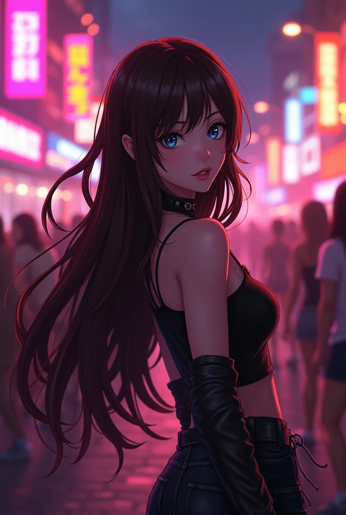 Brown haired attack on titan anime style, long hair, emo, sideswept bangs and hot, adult, party girl.