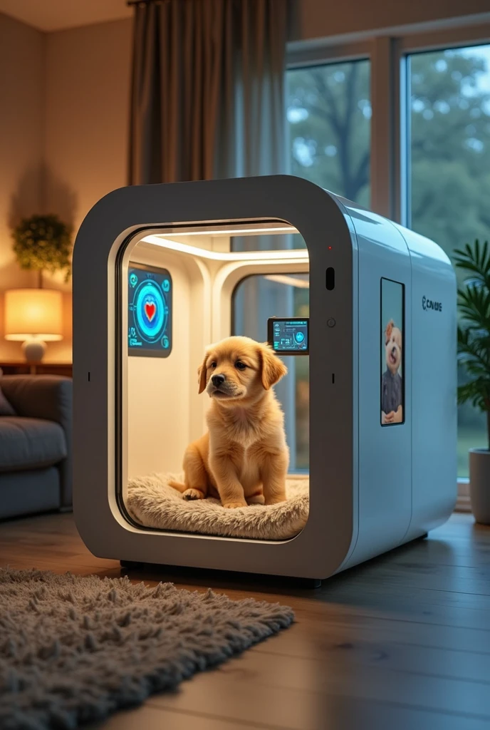 There is a pet inside a plastic and glass chamber where it receives a full scan of its vital signs and medical condition, and its status is determined by a veterinarian, but using the camera., temperature states, Blood pressure and heart rate will be displayed on the camera, and the other medical results will be passed to a monitoring application., The camera is in a house