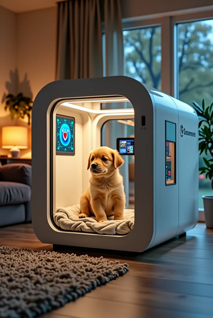 There is a pet inside a plastic and glass chamber where it receives a full scan of its vital signs and medical condition, and its status is determined by a veterinarian, but using the camera., temperature states, Blood pressure and heart rate will be displayed on the camera, and the other medical results will be passed to a monitoring application., The camera is in a house