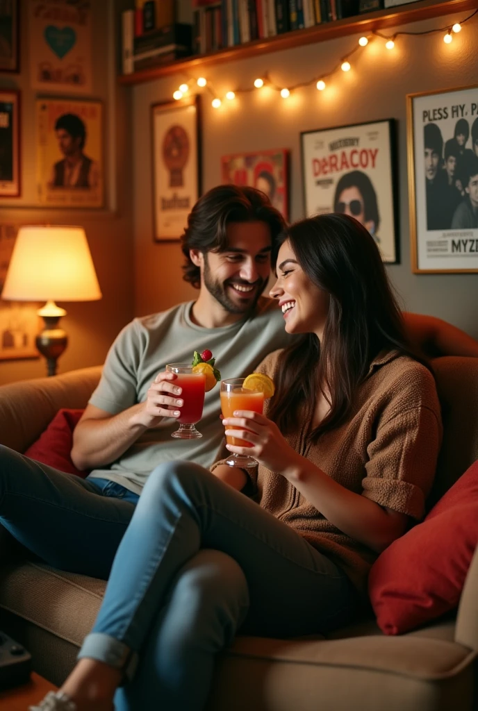 guy and pretty brunette girl drinking alcohol at home and listening to music
