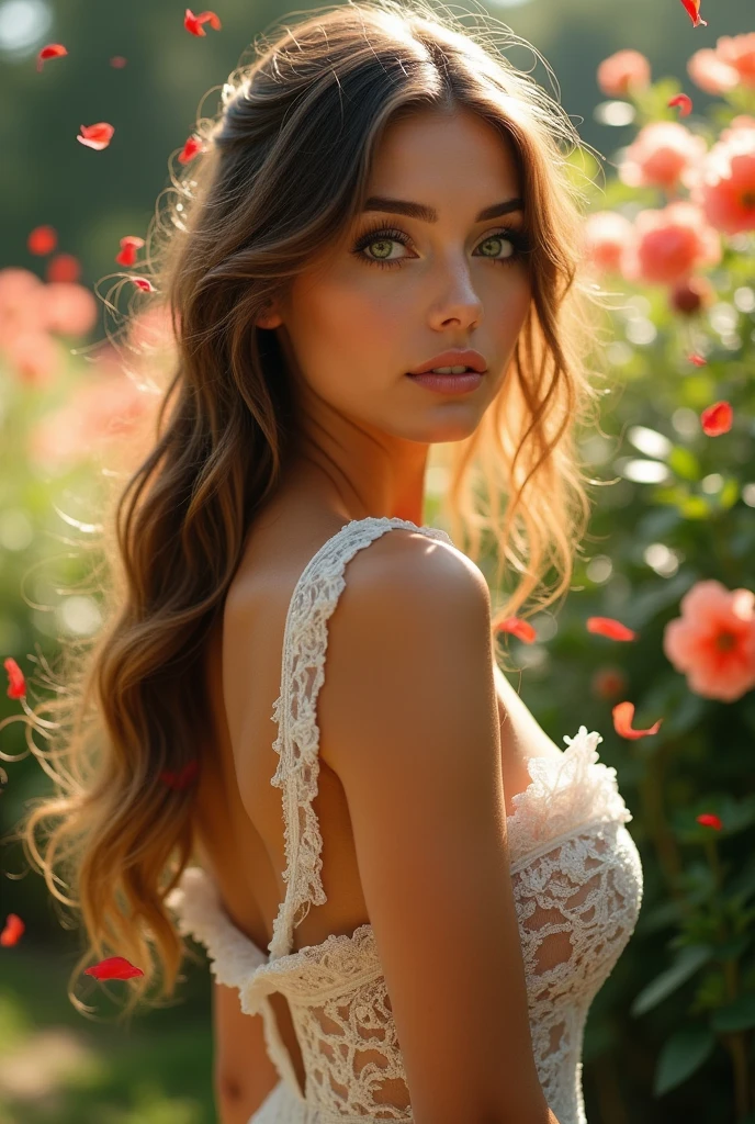 A woman with striking green eyes and a defined face, Featuring elegant and feminine traits, Highlighting your beauty both in your face and body.