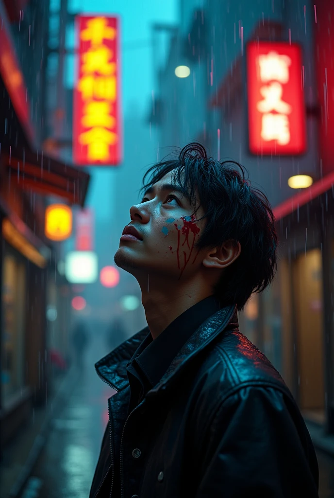Naoya zenin you look lonely i can fix that,solo, rain, injury, blood on face, bandaid on face, bandaid on nose, looking up, jujutsu kaisen, blade runner