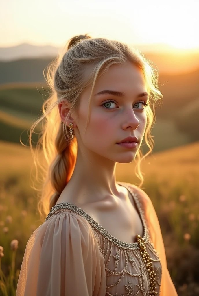 beautiful teenager, light blue eyes and blonde hair tied in a ponytail, refined nose and fair complexion. full lips. looking at the horizon, selfie style. serious face. Wearing a fantastical long-sleeved dress and gold earrings