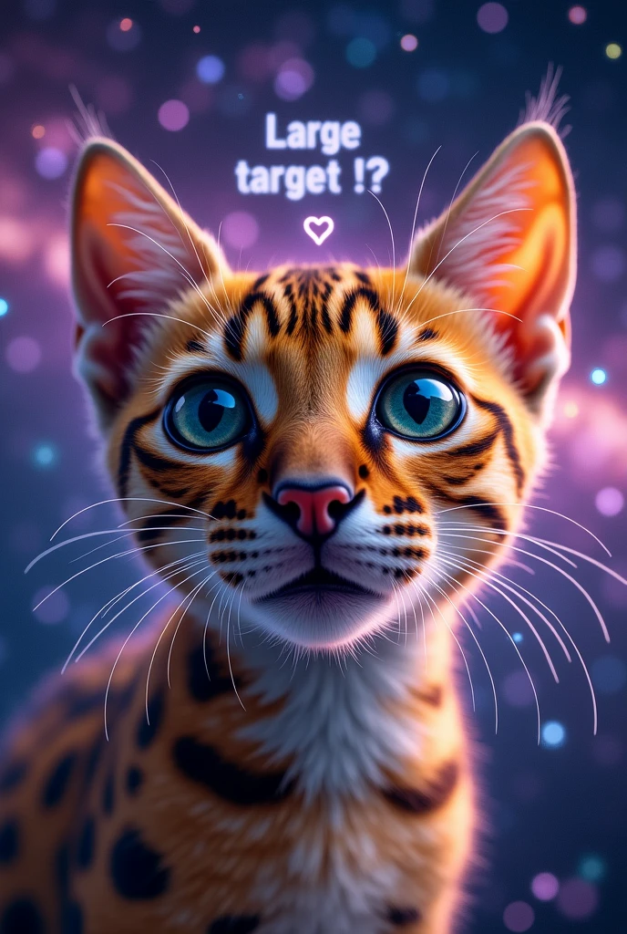 ocelot、Mercedes cat、Close-up of cat face, Space in the background (Beautiful shining stars and galaxies), Space Cat, Large target "!?" on the screen is written in Large target letters on the screen,Heart symbol、Cute selfie