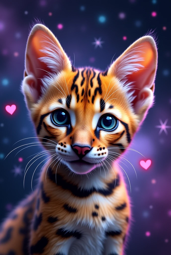 ocelot、Mercedes cat、Close-up of cat face, Space in the background (Beautiful shining stars and galaxies), Space Cat, Large target "!?" on the screen is written in Large target letters on the screen,Heart symbol、Cute selfie