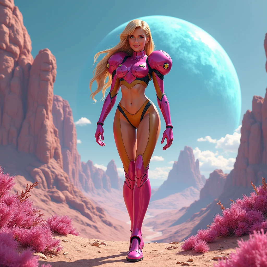 mesmerizingly beautiful RUIVO CARAMELHO e magenta zero suit samus aran, latex clothing, deserted alien planet landscape, planet in the sky, friendly, inviting, looking at viewer, muscular arms, muscular abs, athletic body, pussy, huge breasts, detailed, raw photo, photorealistic, professional photograph, attractive, stunning, cinematic, intricate, artistic, highly complimentary colors, perfect composition