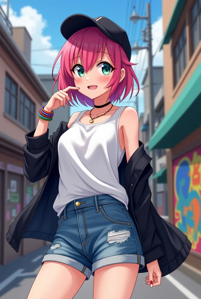 ((Artwork, 8K, 2008s style anime, very detailed)), 1 girl, short pink hair with black stripes, heterochromia in the eyes, small nose, wears a black cap turned backwards, smiling from the corner of her eye, wearing a loose white shirt, denim shorts, wearing several bracelets, open black jacket, wearing long white socks, purple sneakers.