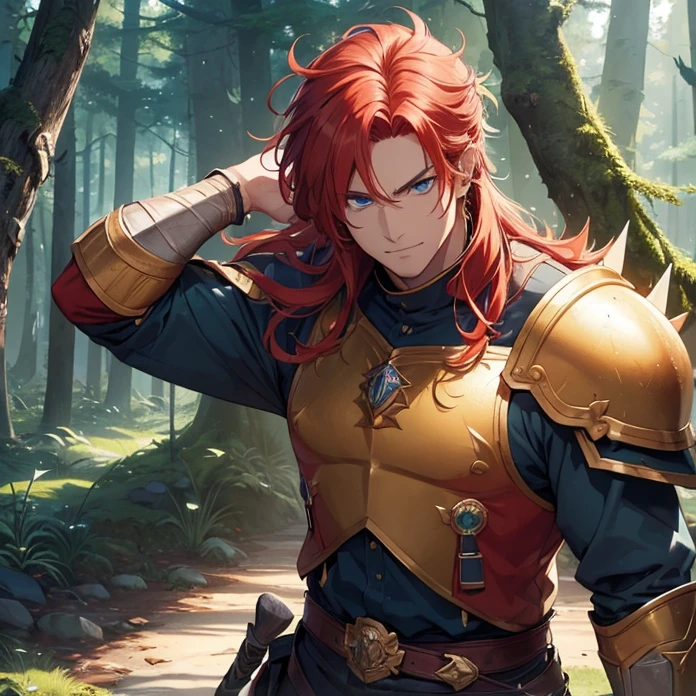 High Resolution, HD, High Quality, Super Detailed, High Details, Masterpiece, Anime, Anime Style, Character Design,
{{one character: elder male 700 years old red haired barbarian paladin king: (blue eyes, fair skin, wrinkles, big body, very short spiky crimson hair, big crimson eyebrows, sharp nose, (closed smile, breave and confident expression,)),(orange scottish king shirt, orange scottish king pants, golden belt, golden wristbans, barbarian’s plartinum crown),(holding a long spear with his right arm, rising his left arm holding a green candle, exploring the forest at the twilight),(fairy forest, twilight sky, twilight background, purple trees, silver trees, blue-greeny forest road)}}