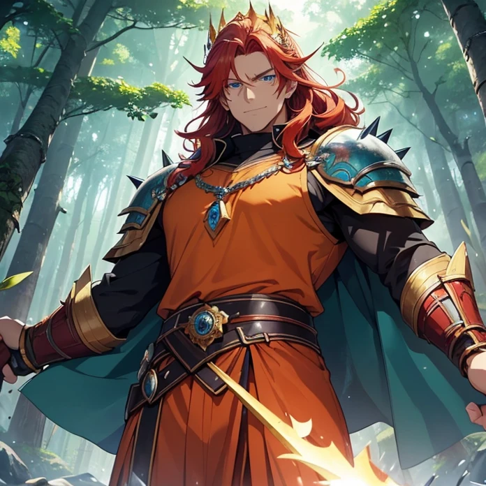 High Resolution, HD, High Quality, Super Detailed, High Details, Masterpiece, Anime, Anime Style, Character Design,
{{one character: elder male 700 years old red haired barbarian paladin king: (blue eyes, fair skin, wrinkles, big body, very short spiky crimson hair, big crimson eyebrows, sharp nose, (closed smile, breave and confident expression,)),(orange scottish king shirt, orange scottish king pants, golden belt, golden wristbans, barbarian’s plartinum crown),(holding a long spear with his right arm, rising his left arm holding a green candle, exploring the forest at the twilight),(fairy forest, twilight sky, twilight background, purple trees, silver trees, blue-greeny forest road)}}