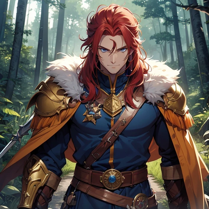 High Resolution, HD, High Quality, Super Detailed, High Details, Masterpiece, Anime, Anime Style, Character Design,
{{one character: elder male 700 years old red haired barbarian paladin king: (blue eyes, fair skin, wrinkles, big body, very short spiky crimson hair, big crimson eyebrows, sharp nose, (closed smile, breave and confident expression,)),(orange scottish king shirt, orange scottish king pants, golden belt, golden wristbans, barbarian’s plartinum crown),(holding a long spear with his right arm, rising his left arm holding a green candle, exploring the forest at the twilight),(fairy forest, twilight sky, twilight background, purple trees, silver trees, blue-greeny forest road)}}