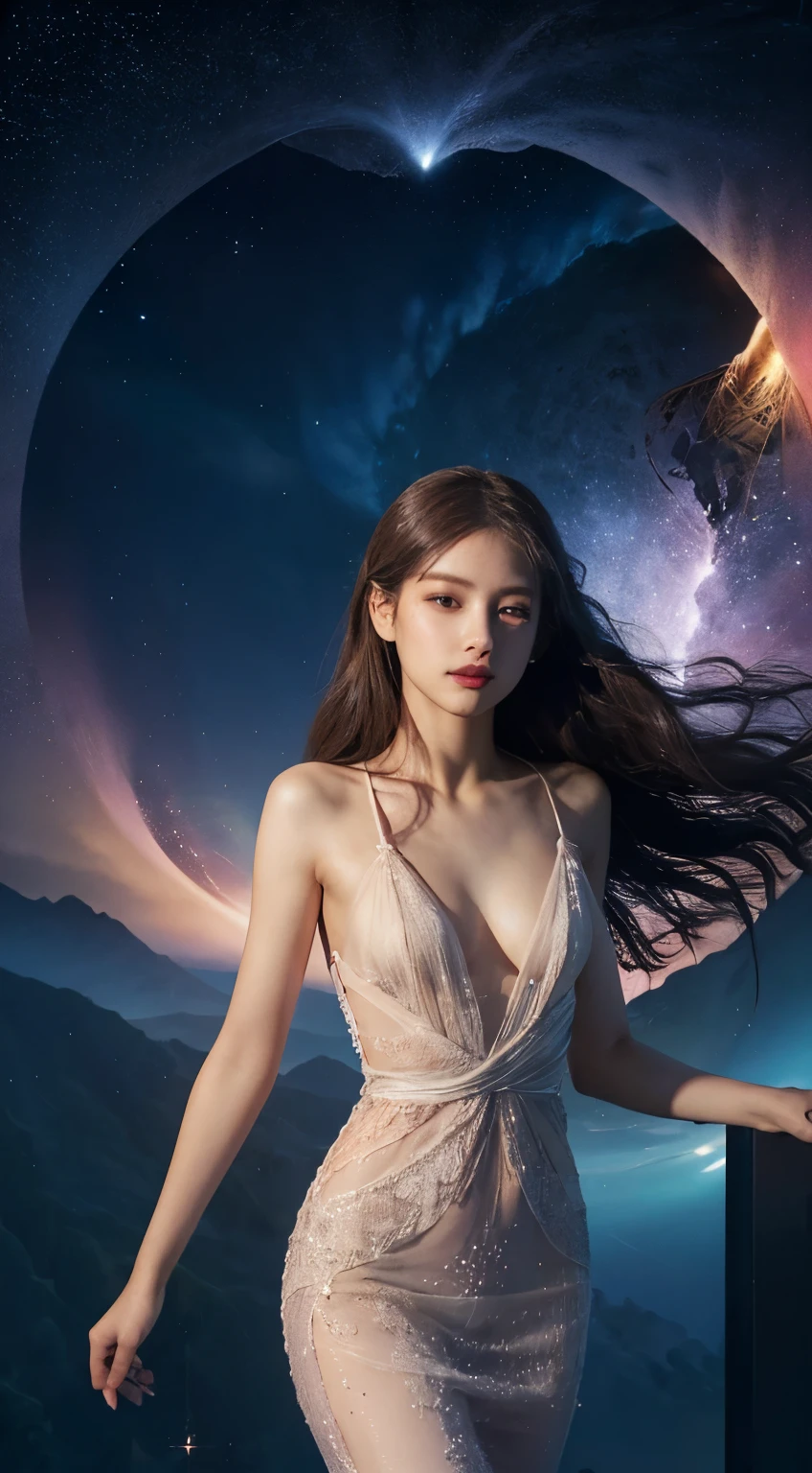 (best quality,32K,8k,highres,masterpiece:1.2),ultra-detailed,realistic:1.37,girl,beautiful dress,galaxy background,sparkling stars,ethereal atmosphere,vibrant colors,elegance,mystical,heavenly,moonlight,reflection,flowing fabric,graceful pose,gentle expression,cosmic energy,distant galaxies,dazzling beauty,Serene,stellar glow,heavenly emissary,alluring,hovering,stellar dust,enchanted garden,starlit night,sheer elegance,astral silhouette,seamless blend,gossamer veil,Interstellar Journey,effortless beauty,luminous radiance,floating petals,heavenly goddess,dreamlike grace,fashion statement,cosmic enchantress,long flowing hair,(((Flat Chest))),(Tiny),