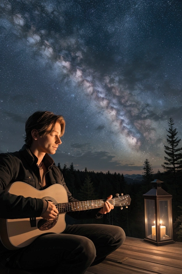 realistic, man sitting and playing guitar on the terrace of a romantic caban in forest, feeling like they are on top of the world, a magical night, admiring the beauty of the city lights, the trail of the Milky Way, and the sky full of stars, high density of stars in sky