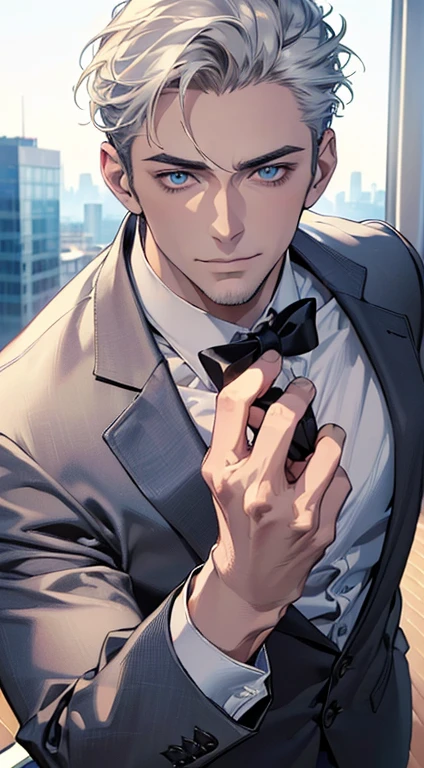 (best quality,4k,8k,highres,masterpiece:1.2),ultra-detailed,(realistic,photorealistic,photo-realistic:1.37),1 man,31 years old,mature man,very handsome,without expression,smile,short white hair,blue eyes,penetrating gaze,perfect face without errors,imposing posture,businessman,office background,cinematic lighting,hdr image