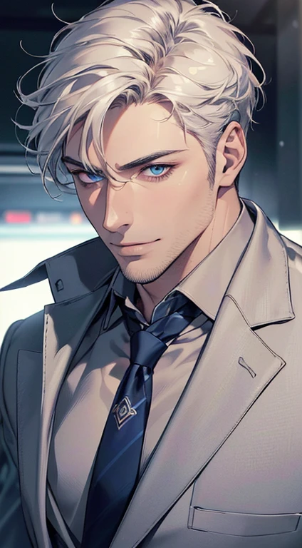 (best quality,4k,8k,highres,masterpiece:1.2),ultra-detailed,(realistic,photorealistic,photo-realistic:1.37),1 man,31 years old,mature man,very handsome,without expression,smile,short white hair,blue eyes,penetrating gaze,perfect face without errors,imposing posture,businessman,office background,cinematic lighting,hdr image