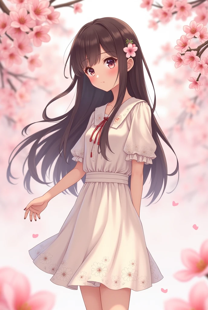 Anime style drawing of a brunette girl with long hair tied up in the front, full body, shy.