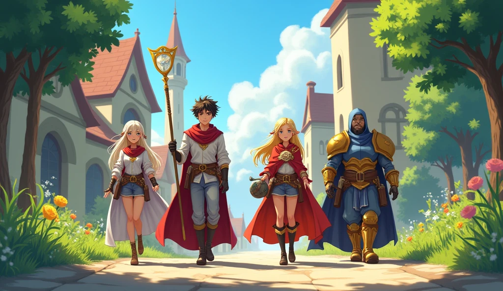 ( High quality 2D animation) Asahi、Departure Day、A group of brave men、A party of four: a handsome and refreshing hero, a female mage, a healer, and a tank.、Departure from the capital、Bright sunlight、excited、looks fun、Looking forward to the adventures ahead、fanfare、Anime style illustrations、Shinkai Seikaze illustration、Medieval Europe