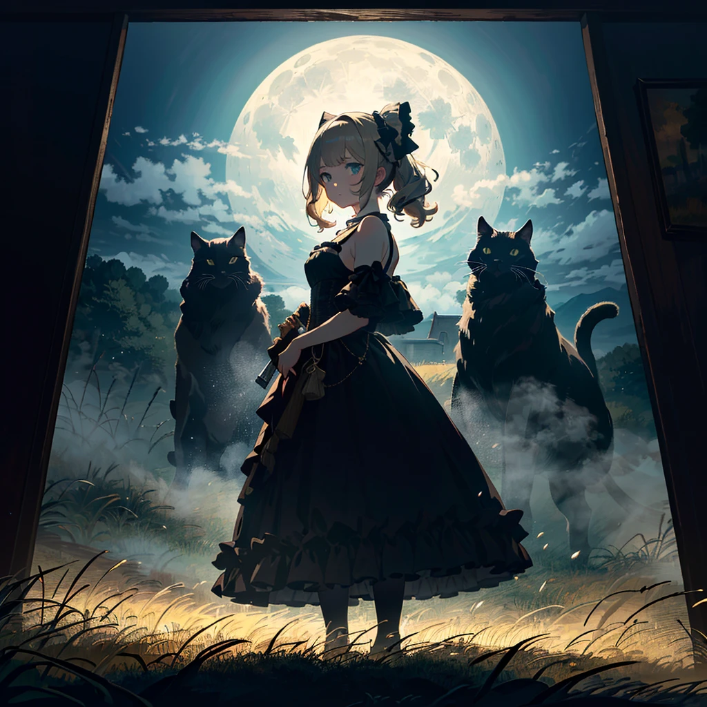 (Lolita Fashion Style: 1.2), Fun Day, Sharp Focus, Dark and Creepy Creatures, (Rembrandt Lighting: 1.5), Steam, Before Sunrise, Early Morning, Still Dark, Woman, Bare Shoulders, Cleavage, Village, Before work, with heavy weapons for battle, (fog: 1.4), darkness, full moon, strong wind blowing, countless battles on the grassland, many eyes shining in the darkness, the night before the battle, the will to fight, fight Will, (Tailing Cat: 1.2), Artistic, Memorable Masterpiece, Moment of History, (Light Blue Tone: 0.8) (Masterpiece: 1.2), (Top Quality: 1.2), (Very Aesthetic: 1.2), ( absurdres:1.2), (detailed background), latest, sharp focus, perfect hands, perfect face, perfect eyes, perfect light, dynamic light, natural light, before Raphael faction, rubric maxim,