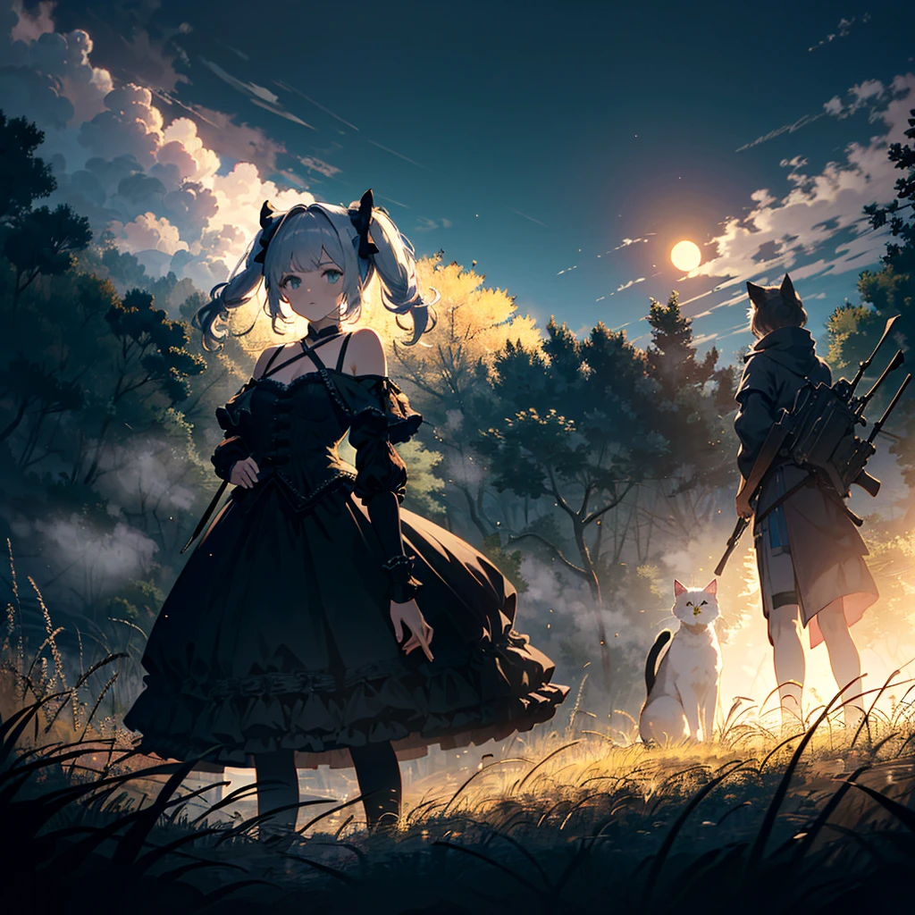 (Lolita Fashion Style: 1.2), Fun Day, Sharp Focus, Dark and Creepy Creatures, (Rembrandt Lighting: 1.5), Steam, Before Sunrise, Early Morning, Still Dark, Woman, Bare Shoulders, Cleavage, Village, Before work, with heavy weapons for battle, (fog: 1.4), darkness, full moon, strong wind blowing, countless battles on the grassland, many eyes shining in the darkness, the night before the battle, the will to fight, fight Will, (Tailing Cat: 1.2), Artistic, Memorable Masterpiece, Moment of History, (Light Blue Tone: 0.8) (Masterpiece: 1.2), (Top Quality: 1.2), (Very Aesthetic: 1.2), ( absurdres:1.2), (detailed background), latest, sharp focus, perfect hands, perfect face, perfect eyes, perfect light, dynamic light, natural light, before Raphael faction, rubric maxim,