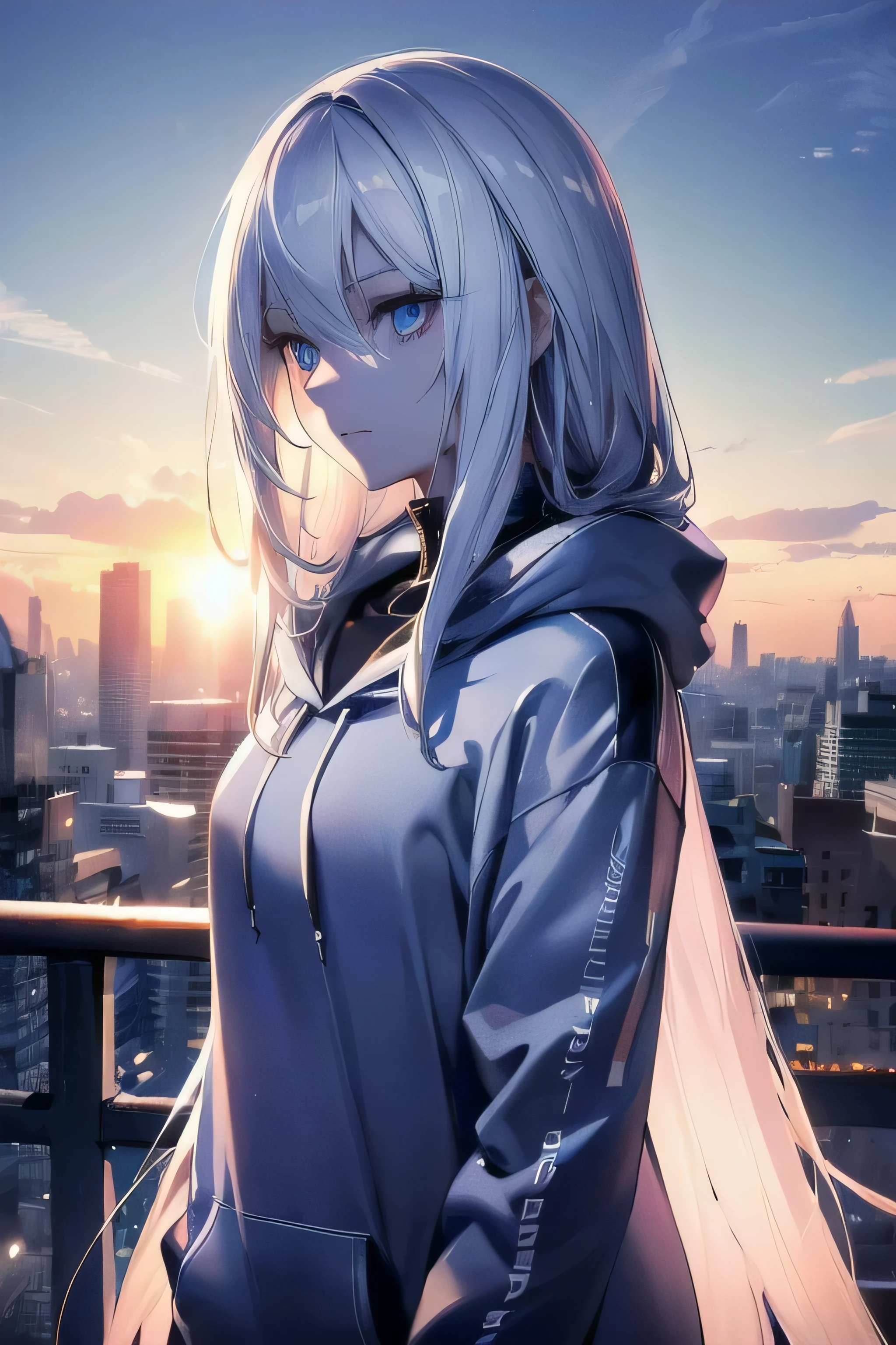 ((masterpiece)), ((best quality)), ((best illustration)), ((ultra-detailed)),((photorealistic color)), 1 lady, solo, teenager, absurdly long hair, white hair, straight hair, ((blue eyes)), ((ultra detailed eyes)), ((ultra detailed face)), gloomy, hoodie, thin body, thin arms, long arms, buildings, sunset, backlight