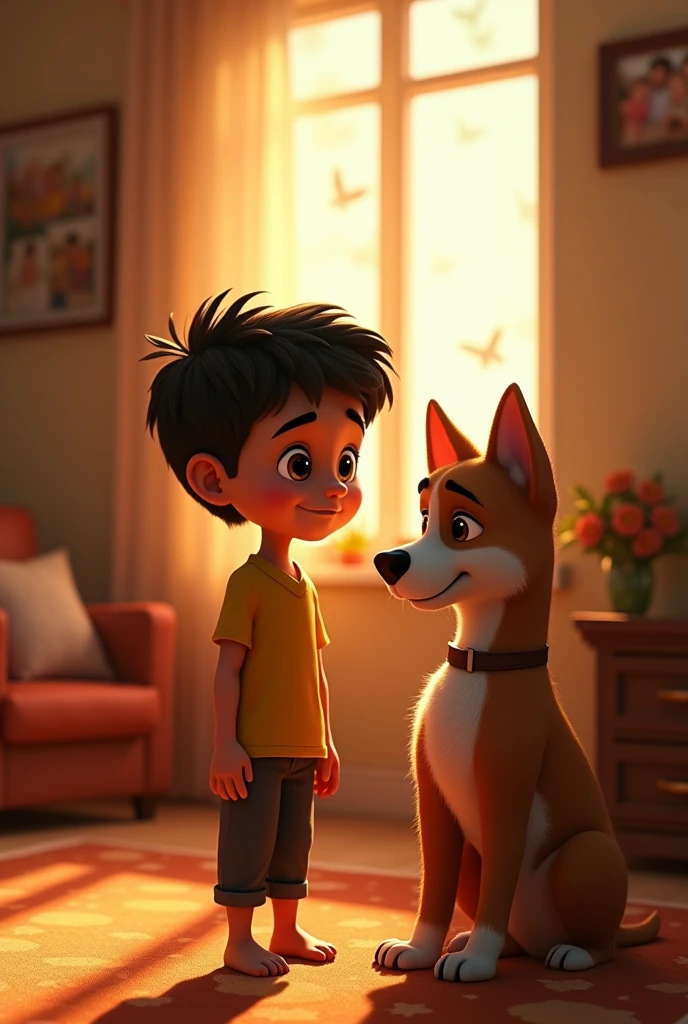 Rahul stands near his parents with a deep desire for a dog in his eyes. His emotions are clearly visible as his world seems incomplete without a beloved dog. His parents get emotional seeing his desire, but they are not in a position to fulfill his wish 3rd animation style 3rd