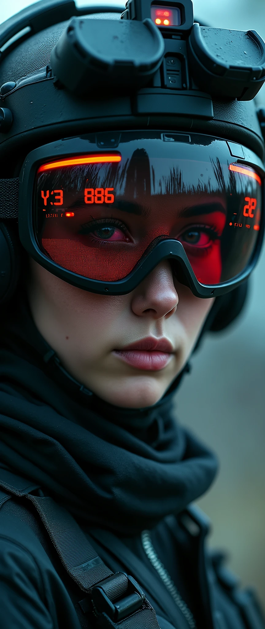 Highest quality,(masterpiece:1.2),(Ultra-high resolution),(Realistic),(RAW Photos),8k,(Cinema Lighting,Written boundary depth,Wide Light,Low contrast,Backlight,Sharp focus),BREAK(woman),Are standing,(美しいwoman),(Wearing futuristic tactical goggles:2.0,Tactical data is displayed on the goggles:2.0,Detailed drawing of goggles:2.0),(tactical bodysuit),(Tactical Helmet with Night Vision Scope:2.0),(Tactical Headset),(A face with attention to detail,Detailed skin texture,Beautiful Skin),(Looking into the camera),(front),(Face close-up:2.0),(Server puncture:2.0),(darkness:2.0)