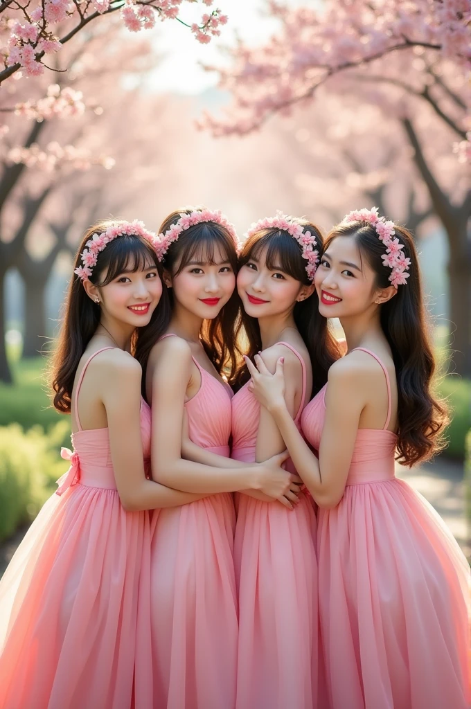 4 beautiful Korean girls in pink dress in red lips, headband on their head