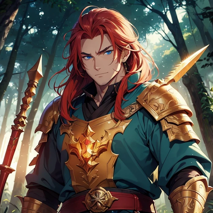 High Resolution, HD, High Quality, Super Detailed, High Details, Masterpiece, Anime, Anime Style, Character Design, “warcraft style aesthetic”
{{one character: elder male 700 years old red haired barbarian paladin king: (blue eyes, fair skin, wrinkles, big body, very short spiky crimson hair, big crimson eyebrows, sharp nose, (closed smile, breave and confident expression,)),(orange scottish king shirt, orange scottish king pants, golden belt, golden wristbans, barbarian’s plartinum crown),(holding a long spear with his right arm, rising his left arm holding a green candle, exploring the forest at the twilight),(fairy forest, twilight sky, twilight background, purple trees, silver trees, blue-greeny forest road)}}